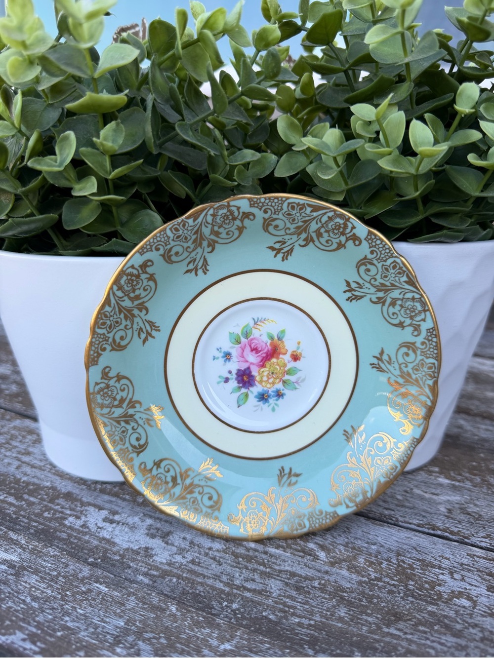Vintage Paragon Trinket Dish Aqua Floral Fine Bone China Gold